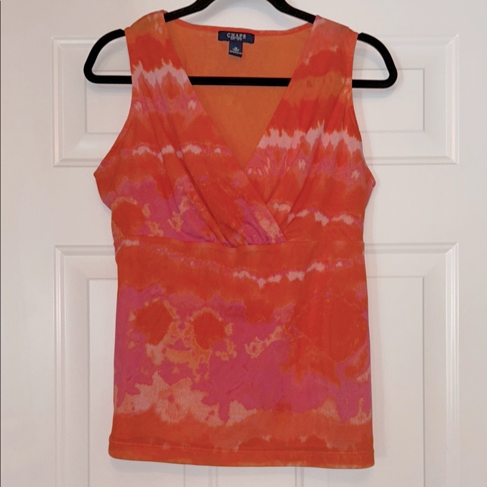 Chaps RL Mesh Tie-Dye Tank Top 1X Orange/Pink NWOT Cami Sleeveless Lagenlook